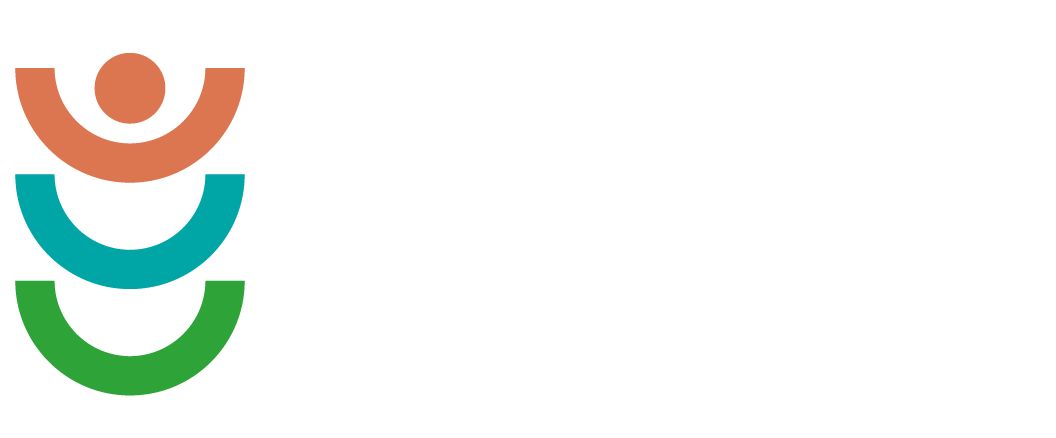 Logo featuring a person and three curved shapes in orange, teal, and green against a white background.