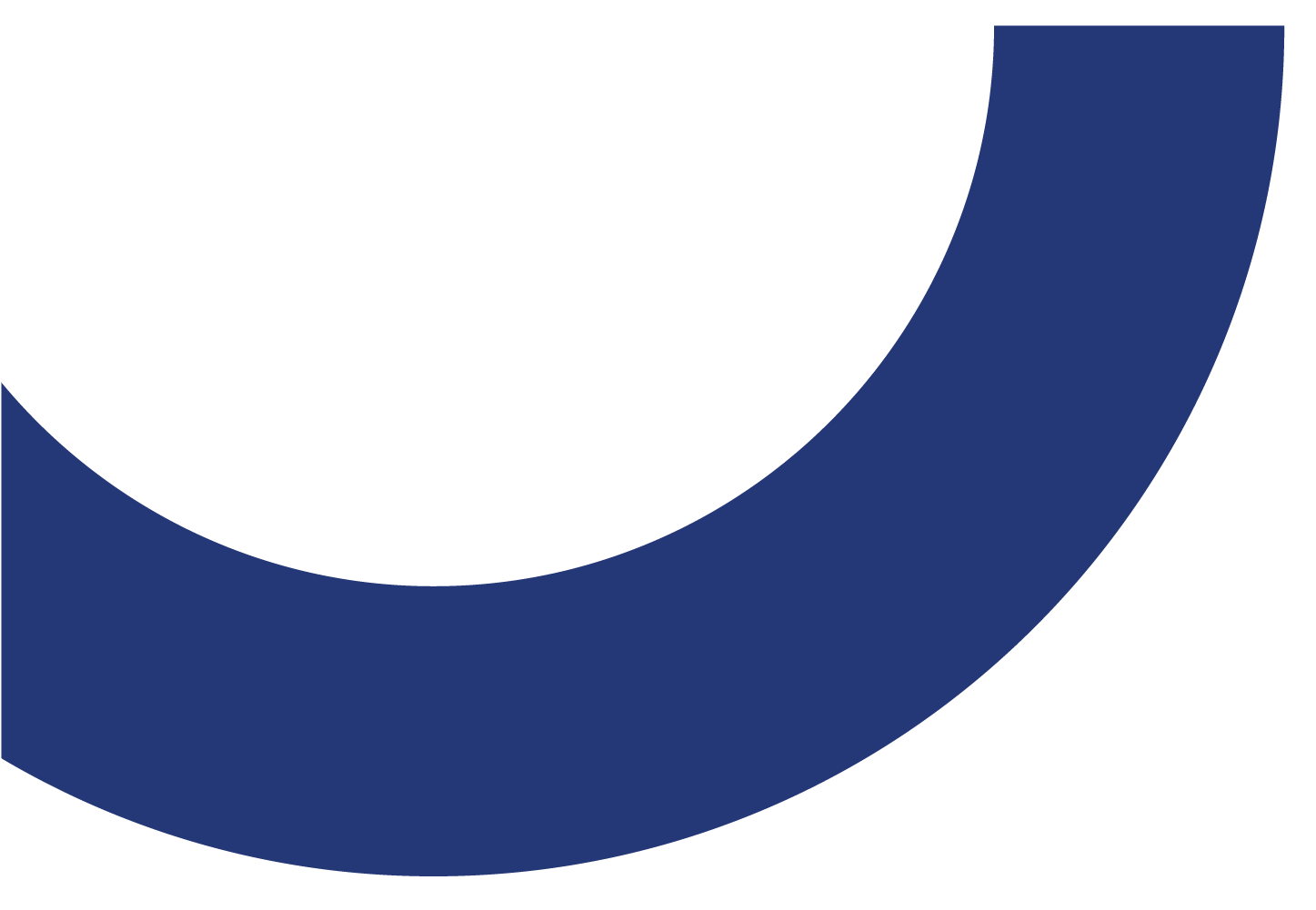 A large, dark blue arc shape on a white background, resembling a stylized smile or crescent.