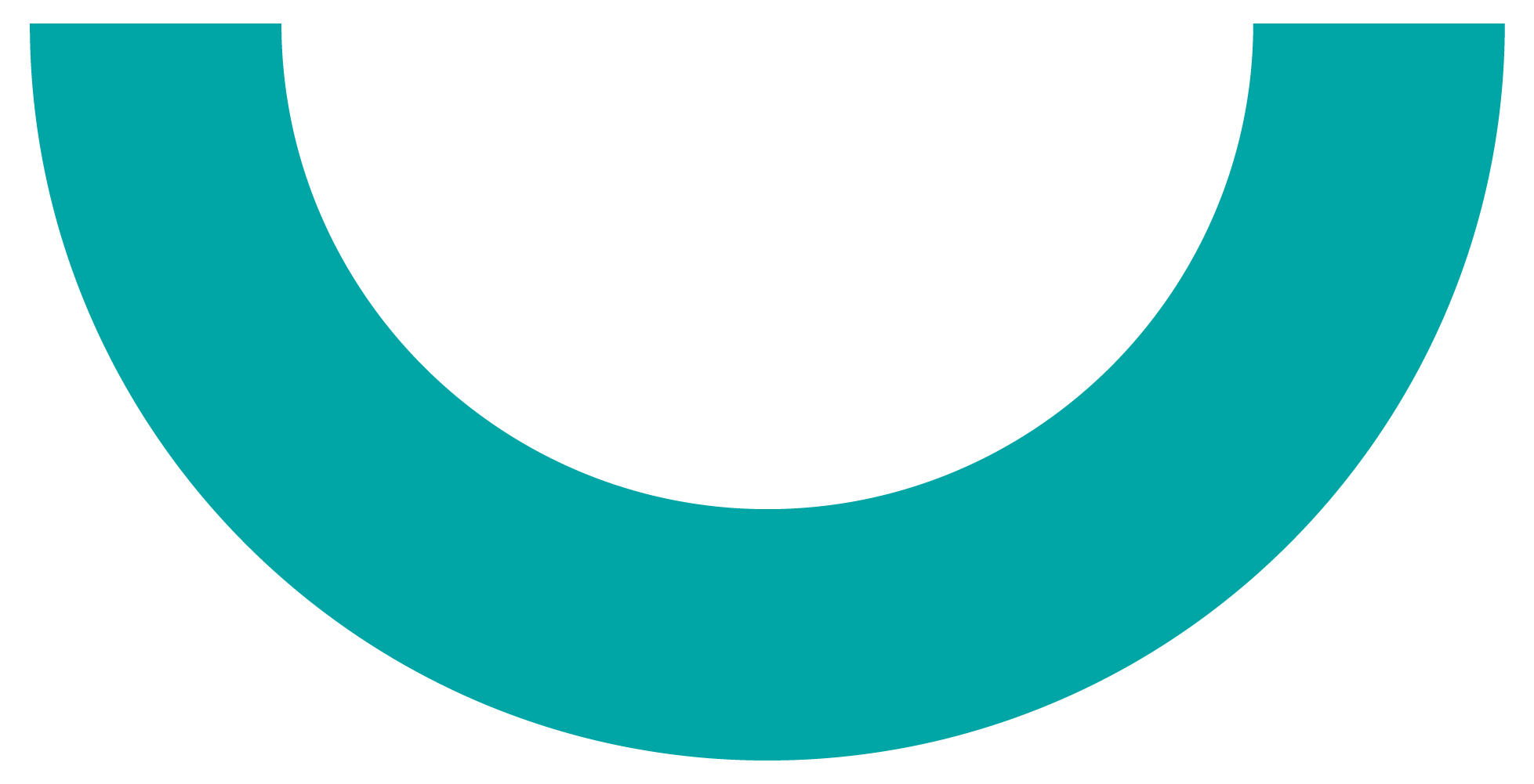 A large, teal curved shape resembling an upward arc, set against a white background.