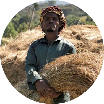 A man stands outdoors holding bundles of hay, wearing a green shirt and a decorative headpiece, with greenery in the backg...