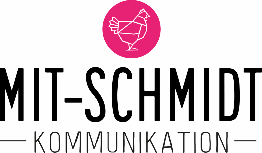 Logo featuring a geometric chicken design within a pink circle, with the word "KOMMUNIKATION" underneath.