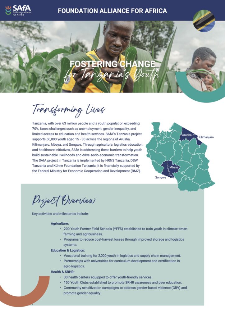 Infographic on fostering change for Tanzania's youth, highlighting projects in agriculture, education, and health services.